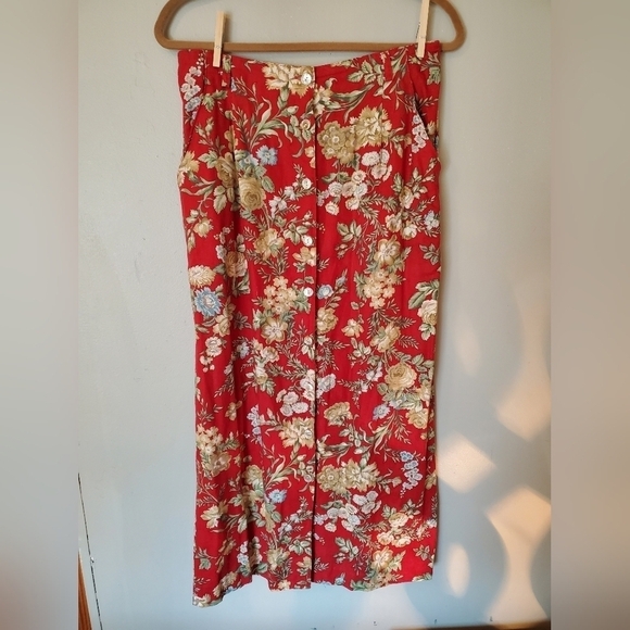Linen Floral Button Skirt - Picture 1 of 12